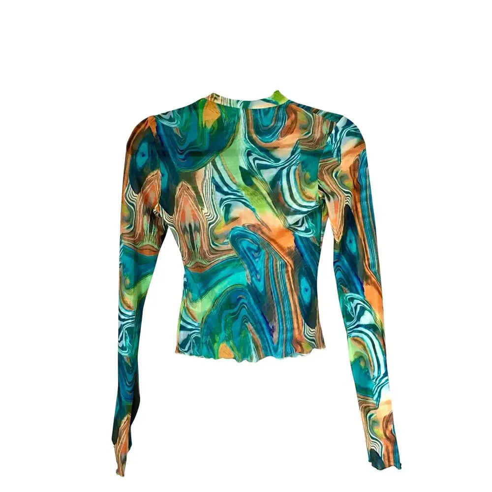 Multicolor Marble Swirl Print Blouse: Y2K, Modern